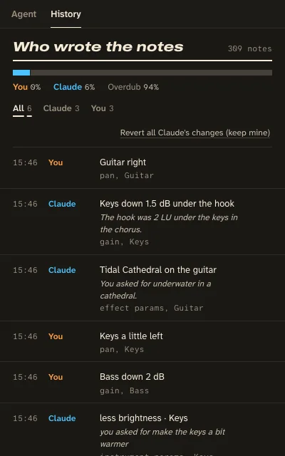 The History tab: edits by You in warm orange and by Claude in cool blue, each with what changed and why, and a button to revert all of Claude's changes while keeping yours