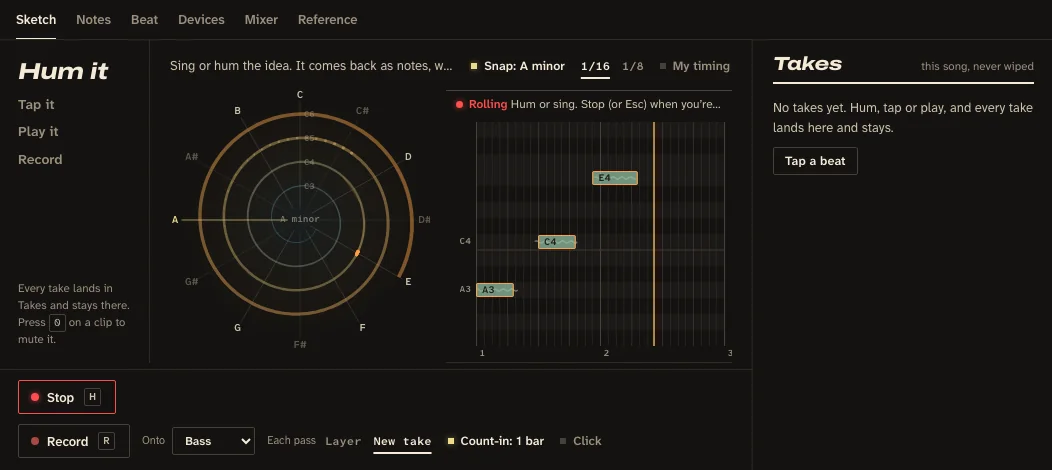 The Sketch tab: the pitch spiral following a hum, and the notes A3, C4 and E4 written onto a small piano roll