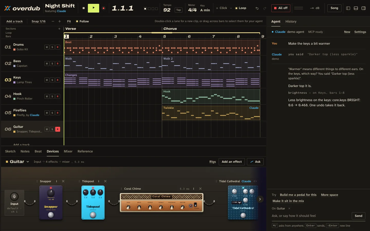 The Overdub studio: an arranger with six tracks of Night Shift, the Guitar's effect chain in the Devices tab ending on Tidal Cathedral with a Claude badge, and the agent panel asking which kind of warmer you mean